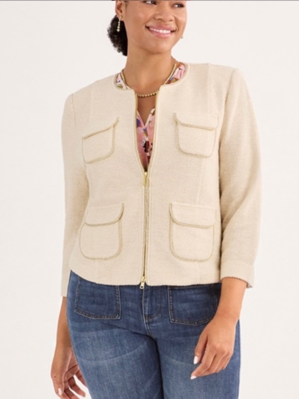 CAbi Vanilla Posh tweed blazer with gold braided trim.